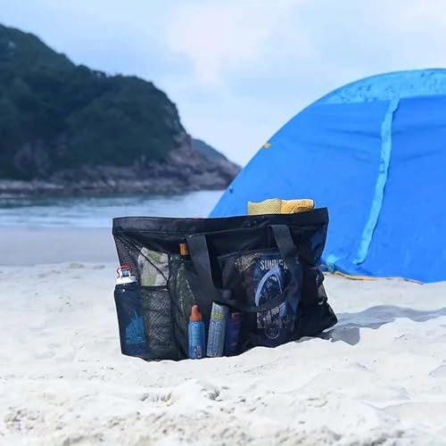 Kaket 1pc Extra Large Beach Bag, Mesh Bag with Zipper and Pockets Ideal for Your Family Beach Trip Large Capacity Finishing Organizer Bag3