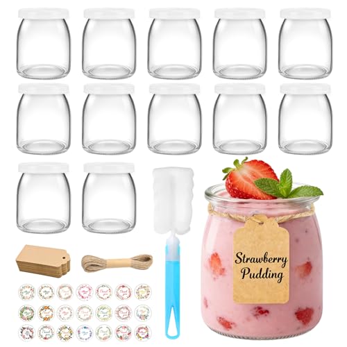 WUSUPU Pots Yaourts avec Couvercle 200 ml [Lot de 12] - Petits Pots en Verre,Petit Pot en Verre pour Confiture - Bocaux à dessert - Avec couvercle - Pour...