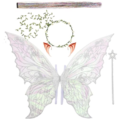 Fairy Wings for Adults and Girls，Fairy Costume Set with Floral Garland, Fairy Hair Tinsel, Wand & Elf Ears – 19"x24" Organza Butterfly Wings – Ideal for Cosplay, Party, Silver