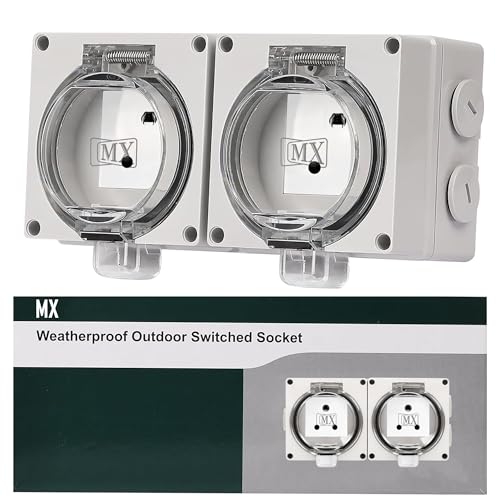 Image of MX IP66 Waterproof Outdoor Socket Box | 250V 6A 2 Indian Socket | Dustproof Weatherproof 4 Module Modular Wall Box with Spring Opening Cover | Ideal for Garden, Patio & Outdoor Use