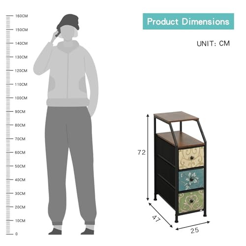 Image of Amazon Brand - Umi Bedside Table with 3 Fabric Chest of Drawers Organizer & Storage Shelf, Sofa Side Table, End Table, Corner Table, Night Lamp Table, Nightstand for Bedroom Living Room (25x47x72cm)