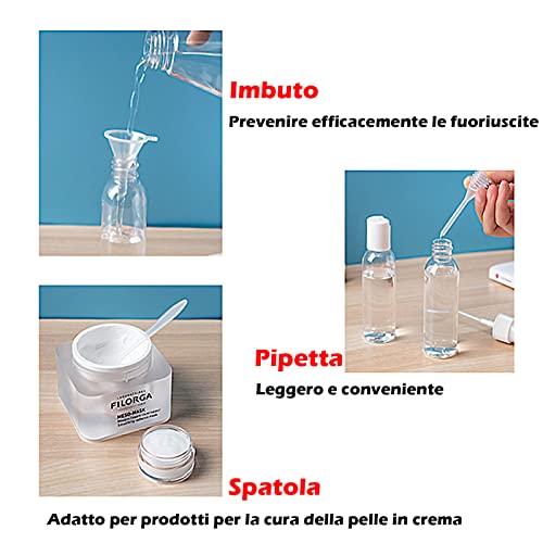 9 Stück Transparente Reiseflaschen Set, Reiseflaschen zum Befüllen, Flaschen Handgepäck, Enthält 4 Reisefläschchen (je 75 ml), 2 Tiegel mit Gesichtscreme, 1 kleinen Trichter, 1 Pipette und 1 Spatel