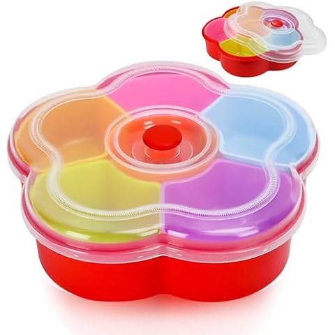 Hslife Divided Snack Serving Tray with Lid, Reusable Veggie Tray Snackle Box Container, Colored Flower Shaped Fruit Trays Large, Candy and Nut Snack Tray Appetizer Platter for Party, Travel Cover