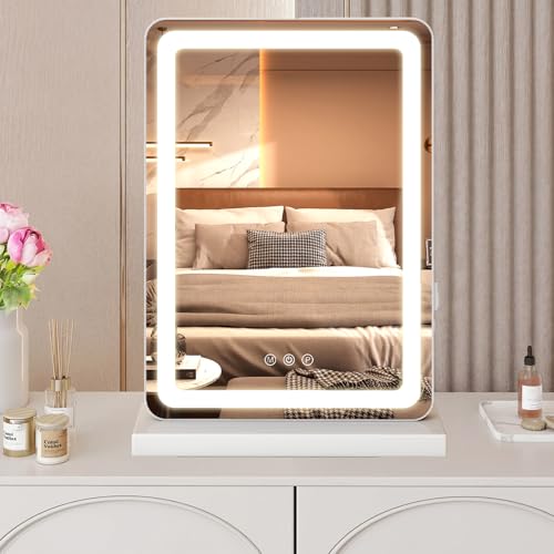 NEWBULIG 18.11"x13" LED Vanity Mirror with Lights, Lighted Smart Tabletop Makeup Mirrors for Desk, Touch Control Dimmable Brightness, 3 Color Lighting Modes by NEWBULIG - Used condition - US$24.58