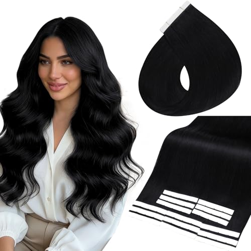 Image of Full Shine Wide Human Hair Tape in Extensions, Jet Black 18 Inch | 75g 15 PCS, Invisible Tape in Hair Extensions, Remy Human Hair, Wide Weft, Full Coverage, Volume Boost, Straight Style