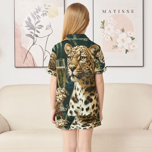 Satin Pajama Sets Short Sleeve Leopard Holding Glass Wine Button Down Silky Nightwear 2 Piece PJS 5-14Y4