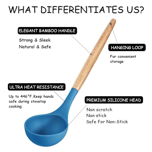 MIBOTE 17 Pcs Silicone Cooking Kitchen Utensils Set with Holder, Wooden Handles BPA Free Silicone Turner Tongs Spatula Spoon Kitchen Gadgets Utensil Set for Nonstick Cookware (Blue)