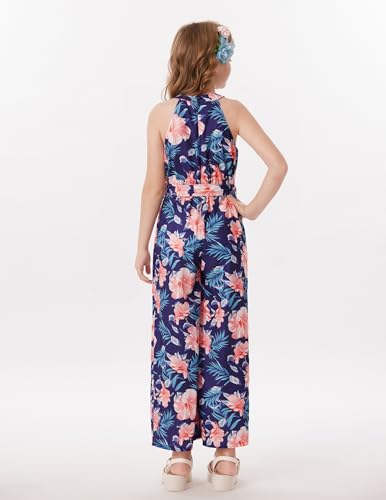 GRACE KARIN Girls Floral Jumpsuit Kids Halter Summer Belted Romper Wide Led Long Pants Navy Blue 7Y — view 3