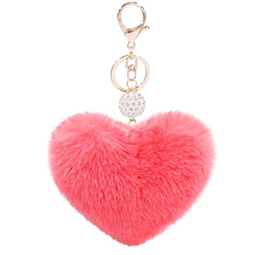 Image of Women's Heart Faux Fur Pom Pom Key Chains Bag Accessory Puffball Keyring Backpack Charms for Girls