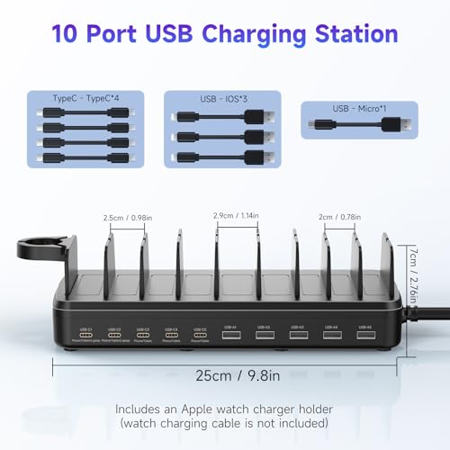 Image of 320W Charging Station for Multiple Devices, 10 Ports Fast Multi-Device Charger Organizer Compatible with MacBook Pro Laptop, iPhone, Android, Ipad, Tablet, Kindle, Multi-Device Charging Dock（Black）