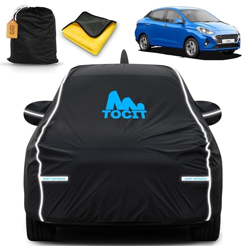 Image of Tocit Aura Waterproof Long Life Car Cover with Safety Glow Reflective Strap, Premium Stretchable Velvet Velour Fabric, Machine Washable, Tri-Stitch Custom Fit with Mirror & Antenna Pocket