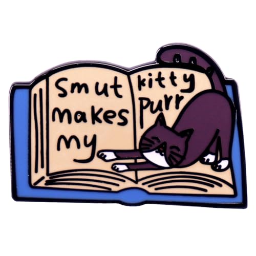 Image of Smut Makes My Kitty Purr Enamel Pin Kawaii Cat with Book Lapel Pin for Book Lovers Cartoon Animal Collar Pin Cat Enamel Pin Book Lover Reader Student Bookworm Brooch