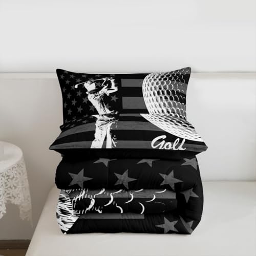 Image of Feelyou Golf Comforter Set King Size Sports Golfing Bedding Set for Kids Boys Girls American Flag Duvet Quilt Bedroom Decor Microfiber 3 Pcs with 2 Pillow Cases