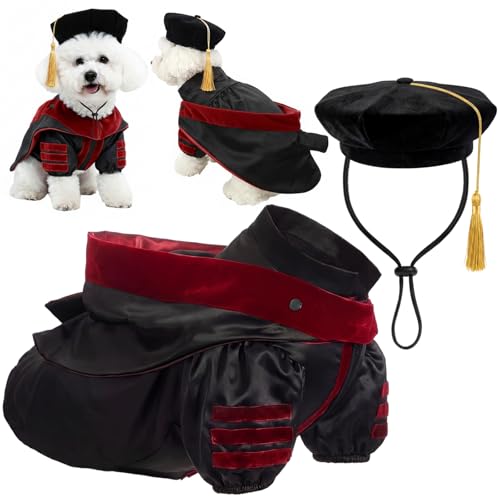 Huhumy 3 Pcs Dog Cat Graduation Doctoral Costume Set 2026 Pet Phd Graduation Cap and Deluxe Doctoral Gown with Hood Side Tam Puppy Kitty Dogs Grad Holiday Party Costume Accessory(Red M)