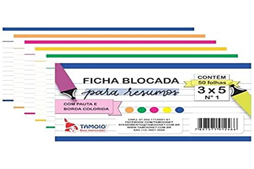 Ficha Pautada, Tamoio, 3x5, Bordas Coloridas, 7,6x12,7 cm, 50 Folhas