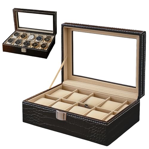 Estojo Porta Relógios Masculino Premium 10 Compartimentos – Organizador Elegante com Visor de Vidro, Ideal para Colecionadores | Design Sofisticado e Resistente