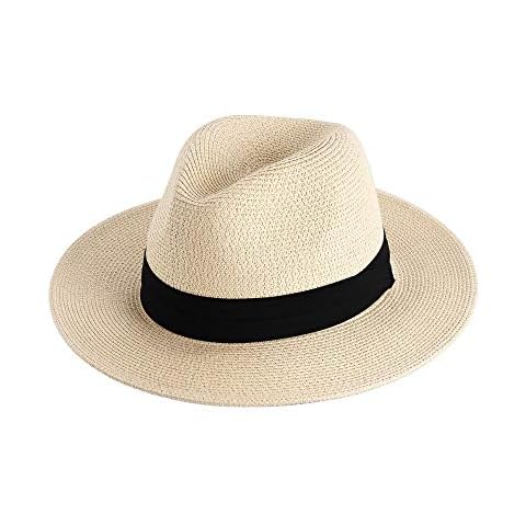 FURTALK Sun Hats for Women Men, Adjustable Summer Panama Fedora Wide Brim Hat UV UPF 50+,Foldable Packable Straw Beach Hat Beige Cover