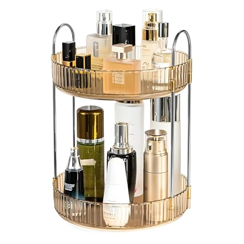 Image of NYALKARAN 360 Rotating Makeup Organizer Large Capacity Cosmetic Storage Box for Vanity Dressing Table & Bathroom Holds Lipsticks Perfume Skincare & Accessories (Golden Amber, 2 LAYER)