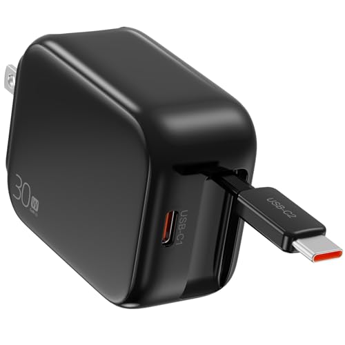 Image of 2-in-1 Retractable Wall Charger Plug with USB C Port and 27in /70cm Type C Cable,Travel Essentials 30W Fast Charging Foldable Block for iPhone 16 /15 /,iPad,Galaxy,Pixel-Black