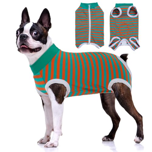 Image of BRKURLEG Small Dog Recovery Suit After Surgery, Abdominal Wound Protection, Back Zipper Spay Recovery Suit for Dogs & Cats, Soft Anti-Licking Puppy Onesie, Cone Alternative, Orange Green Stripes XXL
