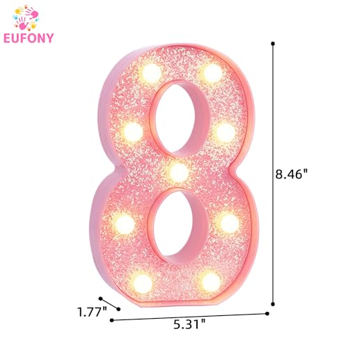 Image of Pink Light Up Marquee Numbers, Glitter LED Number Lights Signs Battery Operated for Girls 8th 18th 28th Pink Birthday Party Table Decorations, 8 Inch Tall Number 8 with Warm White Lights