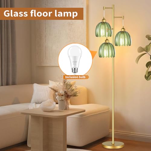 Image of QIYIZM Gold Floor Lamp for Living Room,Bedroom,Mid Century Modern Standing Lamp Brass Tree 3 Light Tall Floor Lamps Vintage Retro Floor Lights Glass Green Flower Lamp Shade Farmhouse Boho Bohemian