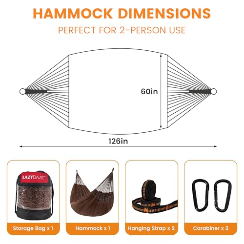 Image of Lazy Daze Hammocks Handwoven XL Mayan Hammock, 10.5 FT Soft Rope Double Hammocks, Portable Outdoor Hammock with Carry Bag, 2 Straps & Carabiners for Patio Outside, 550 lbs Weight Capacity, Coffee