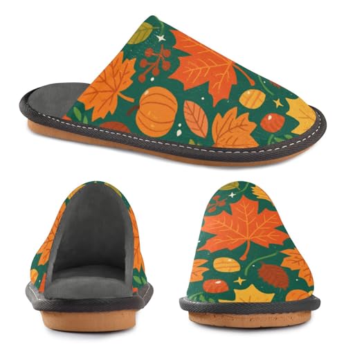 Slippers for Women Autumn Leaves and Pumpkins Pattern Soft Fuzzy Women's Slippers Indoor and Outdoor Shoes2