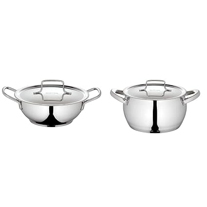 Borosil Stainless Steel Kadhai with Lid, Impact Bonded Tri-ply Bottom, 2.3 L & Stainless Steel Handi Casserole with Lid, Impact Bonded Tri-ply Bottom, 2.1L