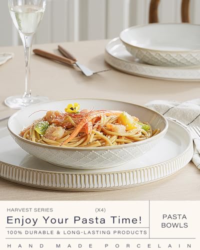 getstar Pasta Bowls, Large Salad Serving Bowls (7.6 inch & 22 oz), Ceramic Bowl Plates Set of 4, Farmhouse Embossments, Microwave and Dishwasher Safe