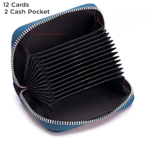Image of VOGARD RFID Blocking Leather Card Holder Wallet for Men & Women | 12 Card Slots, 2 Cash Pockets | Zip Around Compact Wallet | Genuine Leather Credit Card Wallet (Blue)