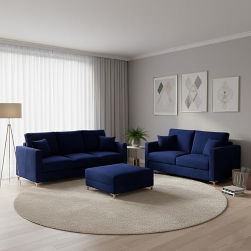 Image of Hayes Rich Velvet Suede 3 Seater + 2 Seater Sofa Set with Ottoman | Golden Aesthetic Legs | 6 Person Seating Capacity | Spacious Soft Touch Comfort | Modern Living Room Sofa (Dark Blue)