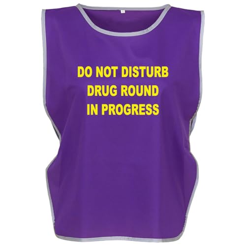 Image of Workwear World 'Drug Round In Progress' Front/Back Printed Text Hi Vis Reflective Trimmed Border Medical Care Home Tabard (UK, Alpha, S, M, Regular, Regular, Purple/Yellow Print)