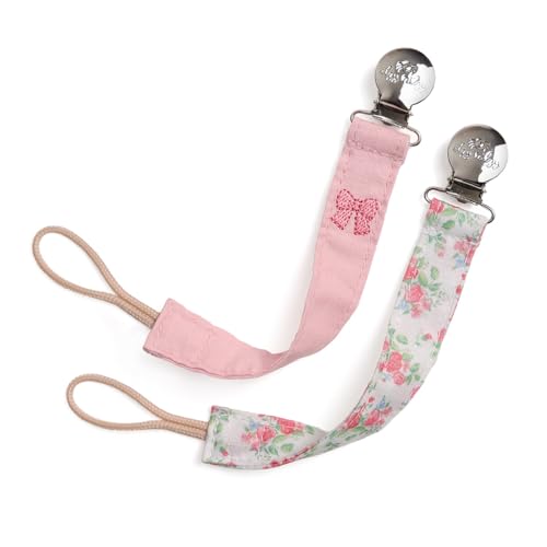 Itzy Ritzy Fabric Pacifier Strap Universal Pacifier Clip Attaches to Clothing Strollers & Bags - Keeps Pacifiers Teethers & Toys Secure & Within Reach - Pack of 2 (Bows & Floral)