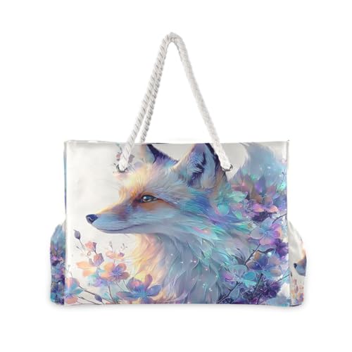 Large Beach Bags Totes Canvas Tote Shoulder Bag Purple Fantasy Fox Water Resistant Bags for Gym Travel Daily2
