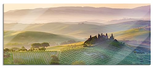 Pixxprint Glasbild Panorama, Wandbild aus Echtglas, Toskana Landschaft, 120x50 cm, inkl. Aufhängung und Abstandshalter