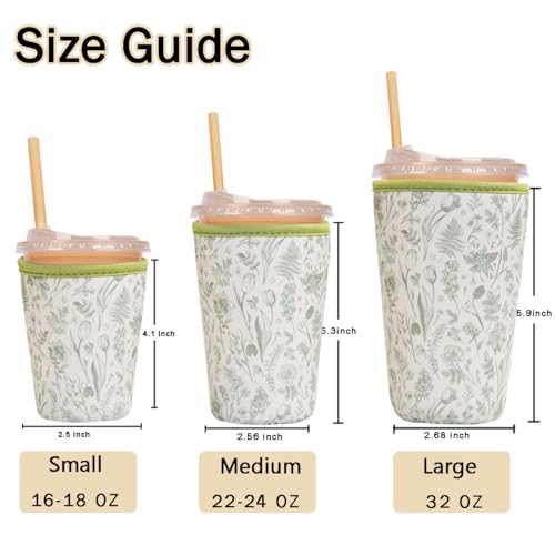Image of Reusable Insulated Sleeve for Iced Coffee Cup, 3-Pack Coffee Neoprene Drink Sleeve for Cold & Hot Drinks, Beverage Holder for Iced Coffee (Sage Fern Florals)