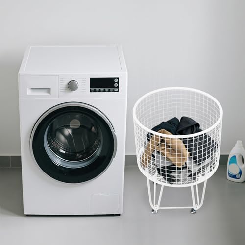 Image of Wire Metal Rolling Laundry Basket On Wheels,Mesh Wire Laundry Basket Storage Cart for Bathroom Bedroom Dirty Clothes Storage (E)