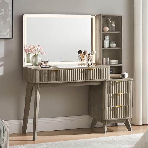 Image of T4TREAM 48 inch Fluted Makeup Vanity Desk with 36 inch Lighted Mirror, Brown Alder