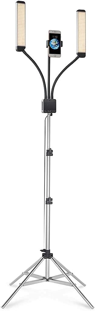 GLAMCOR Multimedia double arm daylight lamp with 672 LEDs, incl. emote control, camera and tablet clip, smartphone holder, mirror with clip and carrying case with trolley sleeve - with UK plug