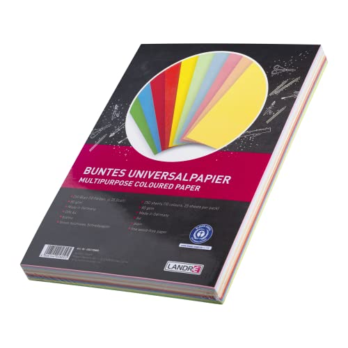 LANDRÉ 250 Blatt A4 buntes Universal-Papier, 80g/m², Drucker-Papier, 10 Farben