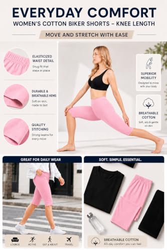 Image of mybody Women's Cotton Knee Length Cycling Shorts | Stretchable Breathable Biker Gym Yoga Workout Shorts | Mid Waist Athletic Fit