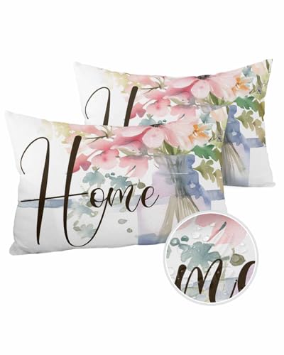 Boanket Lumbar Pillow Covers 12 x 20 Inches, Spring Floral Waterproof Throw Pillow Cover Set of 2, Watercolor Home Summer Botanical Home Decorative Rectangle Cushion Covers for Patio/Tent/Couch/Garden