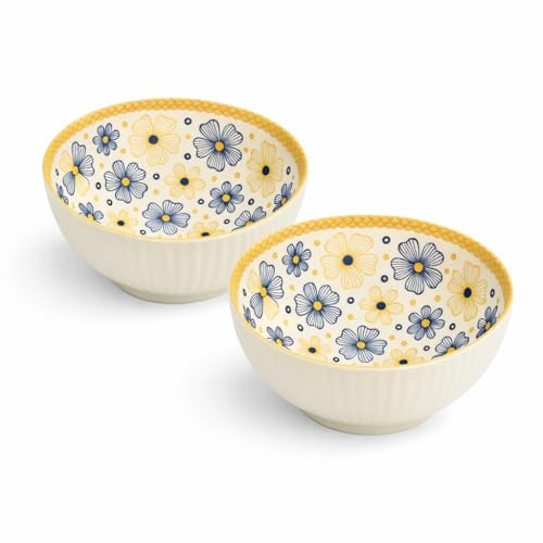 Image of YELONA Ceramic Snack Bowls - Set of 2 (300 ml Each) - Microwave Safe Side Bowls for Serving Noodles, Soups | Rice, Dal, Fruits | Perfect for Christmas, New Year Gift & Daily Use (Flora)