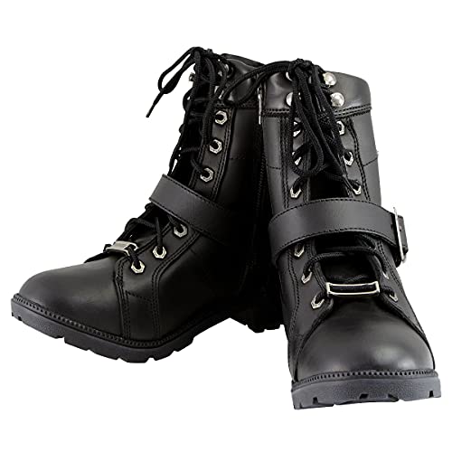 Milwaukee Leather MBL9325 Bota feminina premium preta de couro clássico com cadarço e zíper lateral