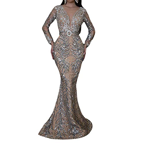AIYIFU Damen Plus Size Floral Pailletten Stickerei Meerjungfrau Abendkleid V-Ausschnitt Langarm Hochzeitsgast Kleid,Silver,M Cover