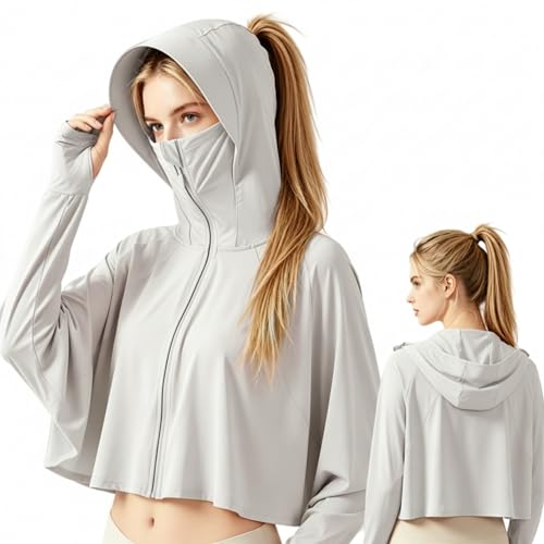 ZLXHFFH Veste de protection solaire UV femme UPF 50+, légère, respirante et séchage rapide. À capuche masque, trous pour pouces, idéale pour randonnée, course et activités extérieures.(Gray)
