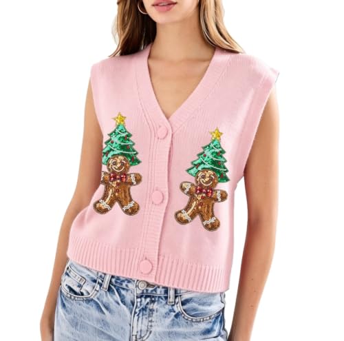 Image of Women Christmas Knit Vest Top Santa Embroidery Sleeveless Button Down Sweater Vest Xmas Snowman Cardigans Tank Top