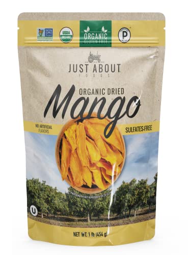 Organic Dried Mango | 1 Single Ingredient | Organic,Non-GMO, Paleo & Kosher Certified | Soft and Chewy | 1 LB (Pack of 1) | Just About Foods