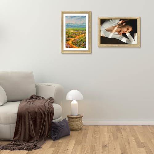 Image of Golden State Art,13x19 Ornate Picture Frame Holds 11x17 Photo,Vintage Gold | Includes plexiglass front,white mat,build-in hangers and buttons.Displays 11x17 photo on wall